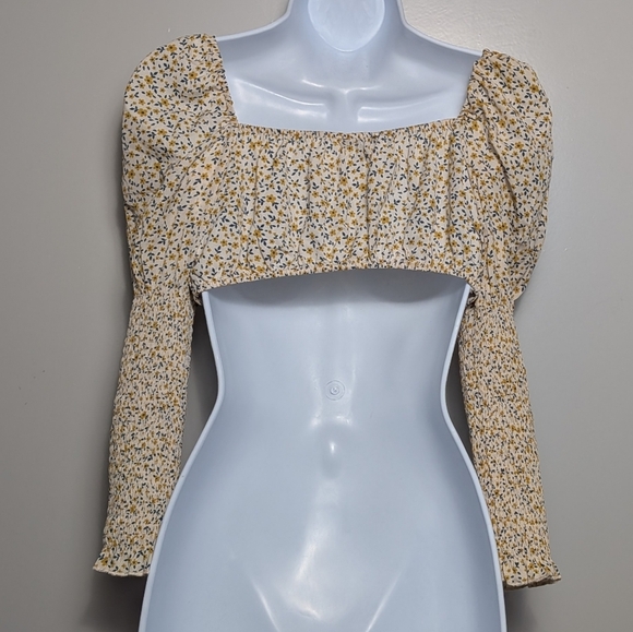 Love Tree Floral Puff Long Sleeve Tie Front Crop Top Ivory Yellow Cottagecore - Picture 5 of 11